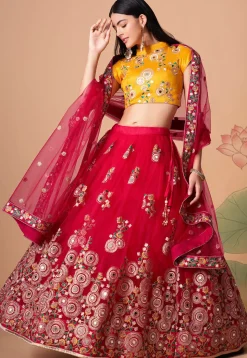Embroidered Net Lehenga in Pink