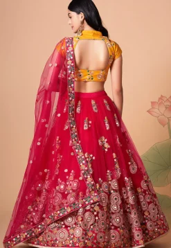Embroidered Net Lehenga in Pink