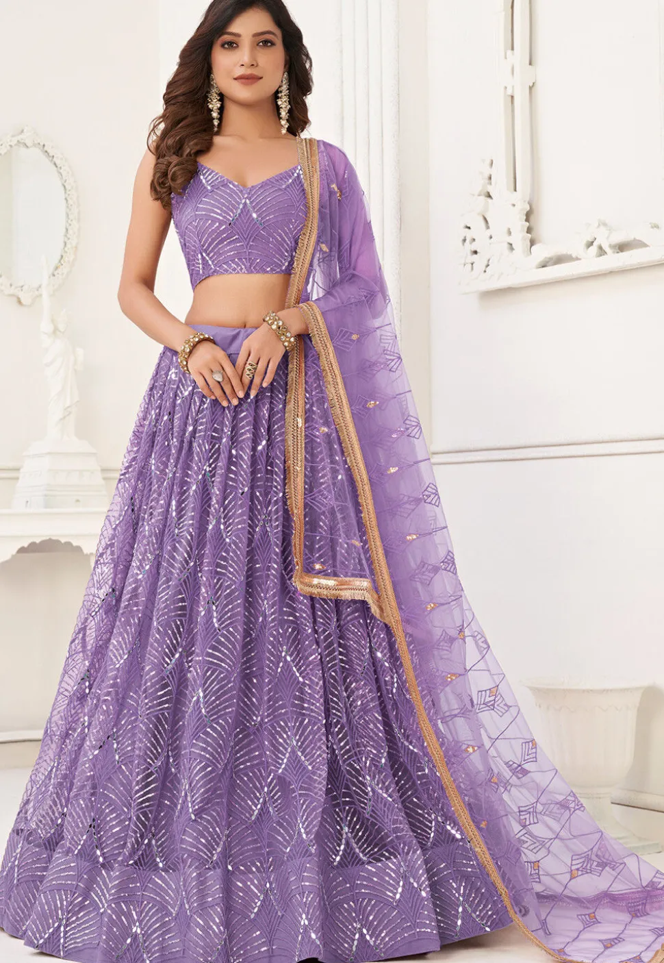 Embroidered Net Lehenga in Purple