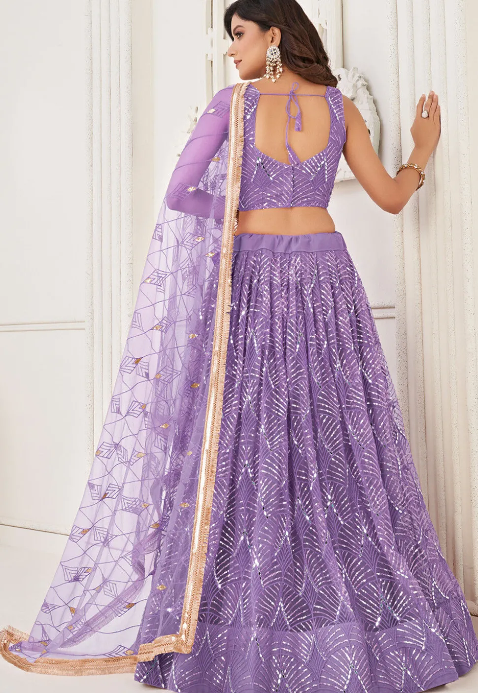 Embroidered Net Lehenga in Purple