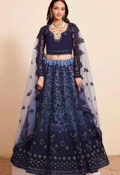 Embroidered Net Lehenga in Navy Blue