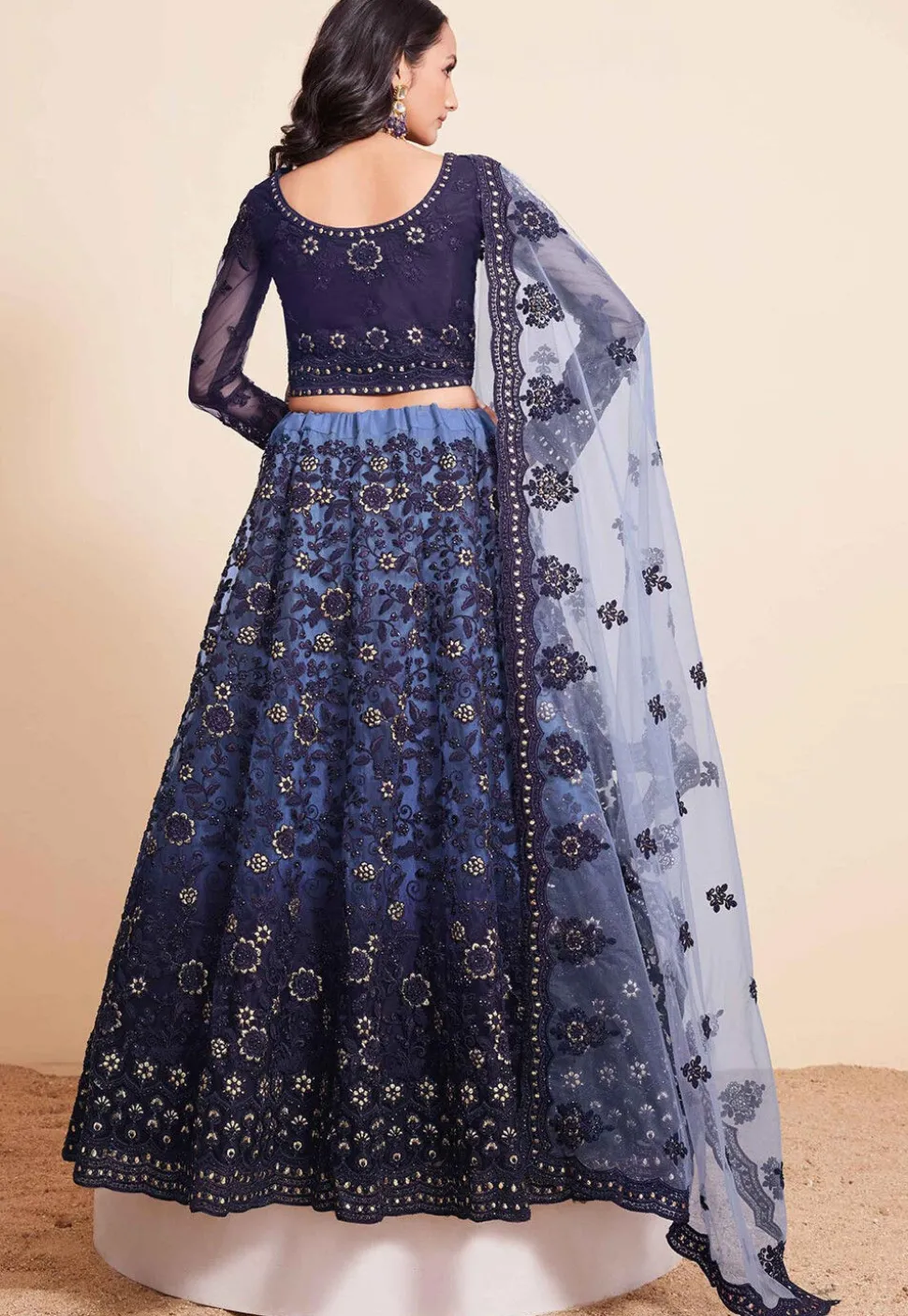 Embroidered Net Lehenga in Navy Blue