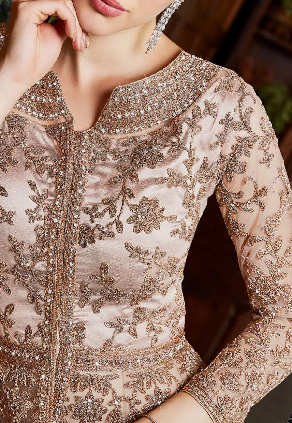 Embroidered Net Lehenga in Rose Gold