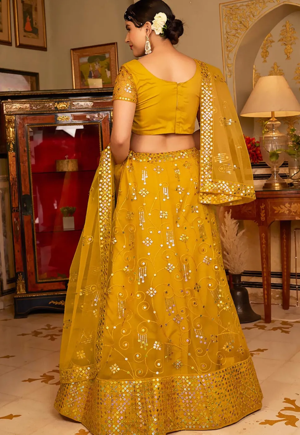 Embroidered Net Lehenga in Mustard