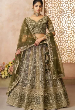 Embroidered Net Lehenga in Olive Green