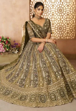 Embroidered Net Lehenga in Olive Green