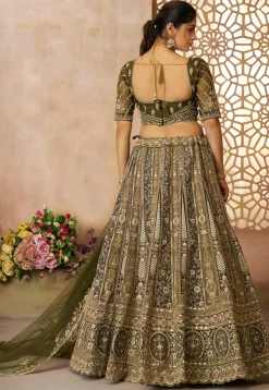 Embroidered Net Lehenga in Olive Green