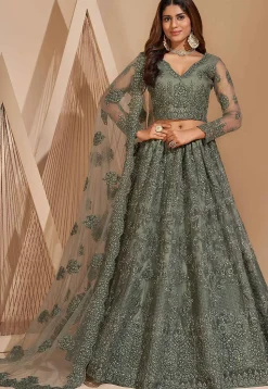 Embroidered Net Lehenga in Grey