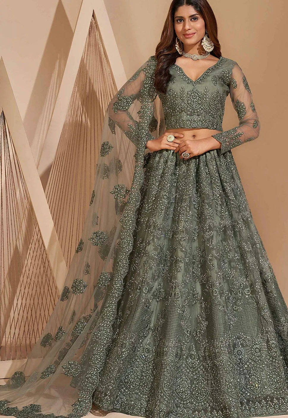 Embroidered Net Lehenga in Grey