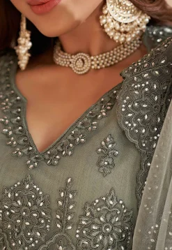 Embroidered Net Lehenga in Grey