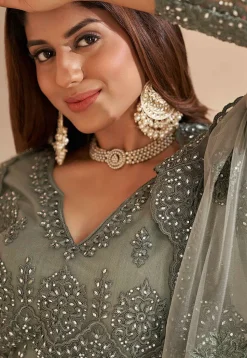 Embroidered Net Lehenga in Grey