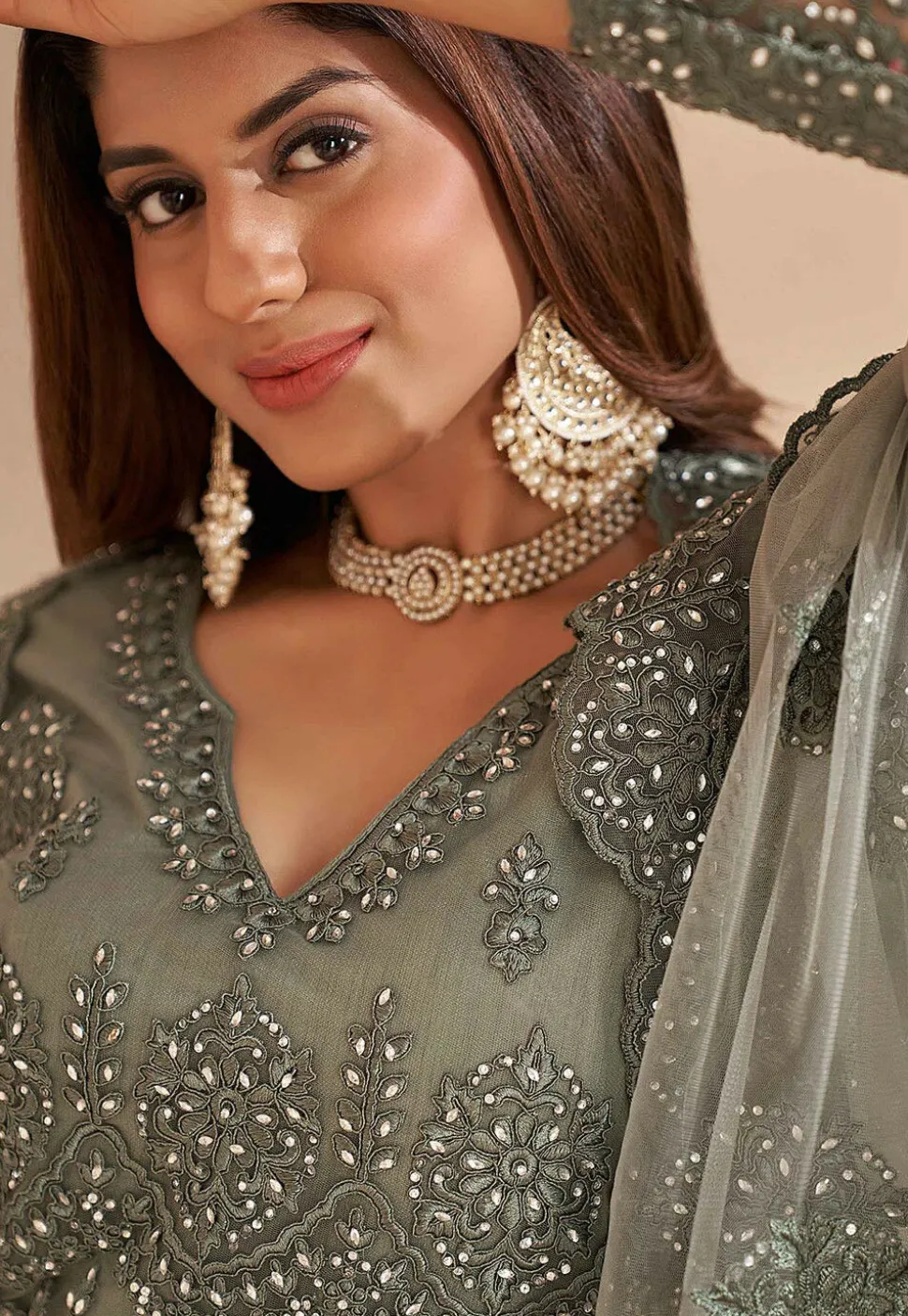 Embroidered Net Lehenga in Grey