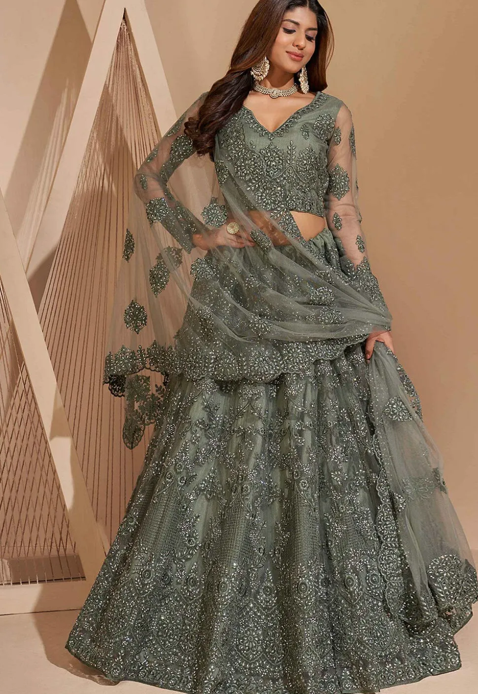 Embroidered Net Lehenga in Grey