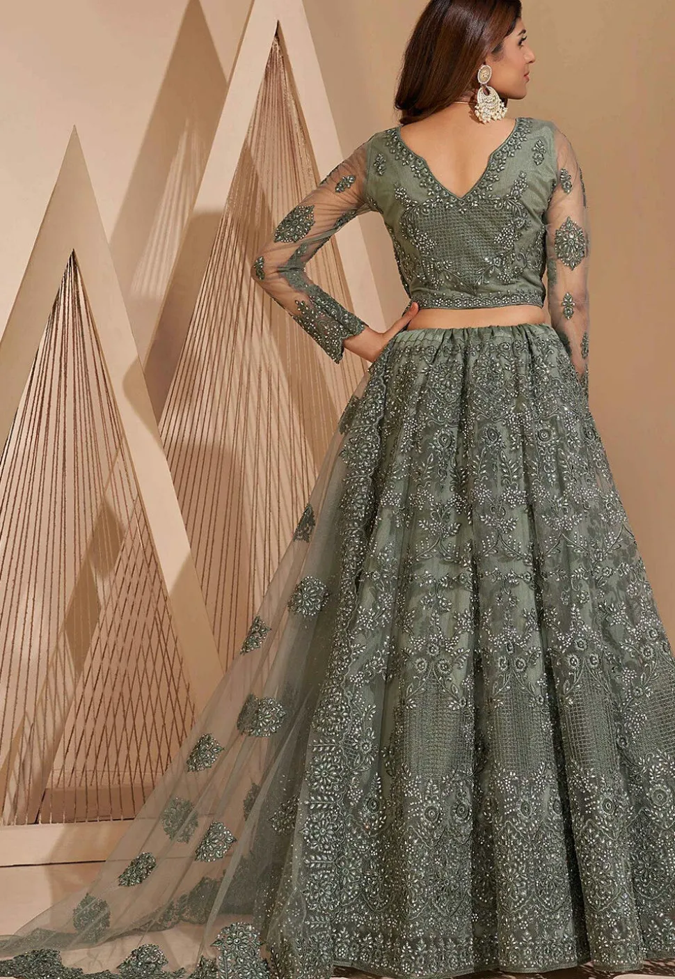 Embroidered Net Lehenga in Grey