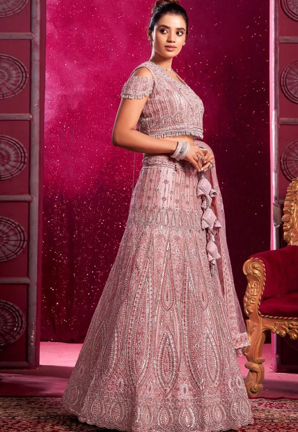 Embroidered Net Lehenga in Pink