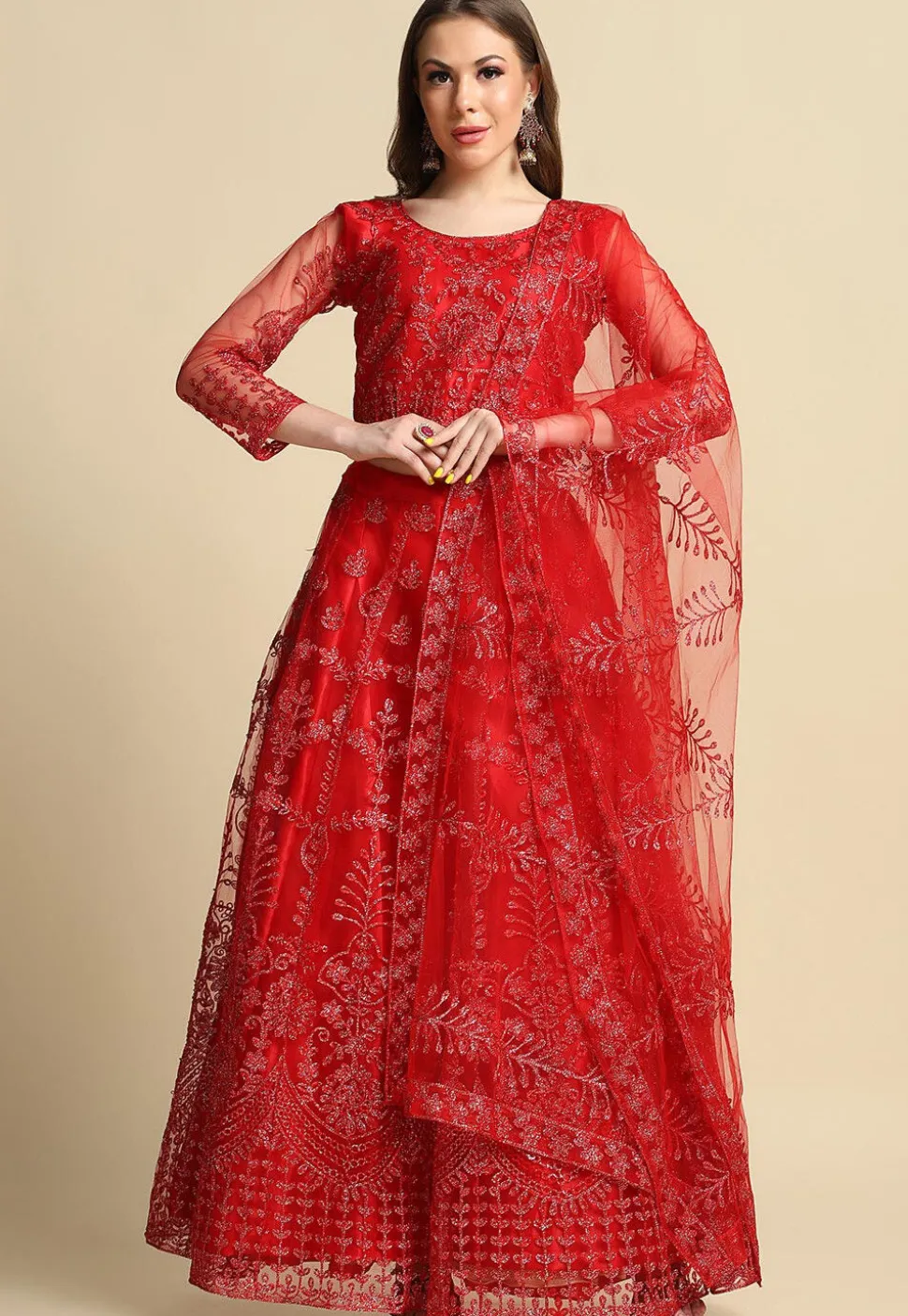 Embroidered Net Lehenga in Red