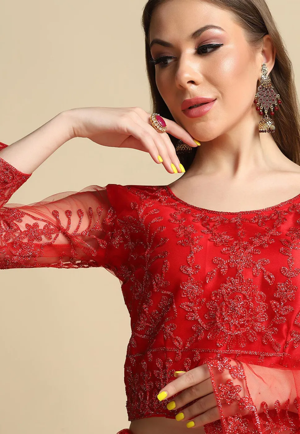 Embroidered Net Lehenga in Red