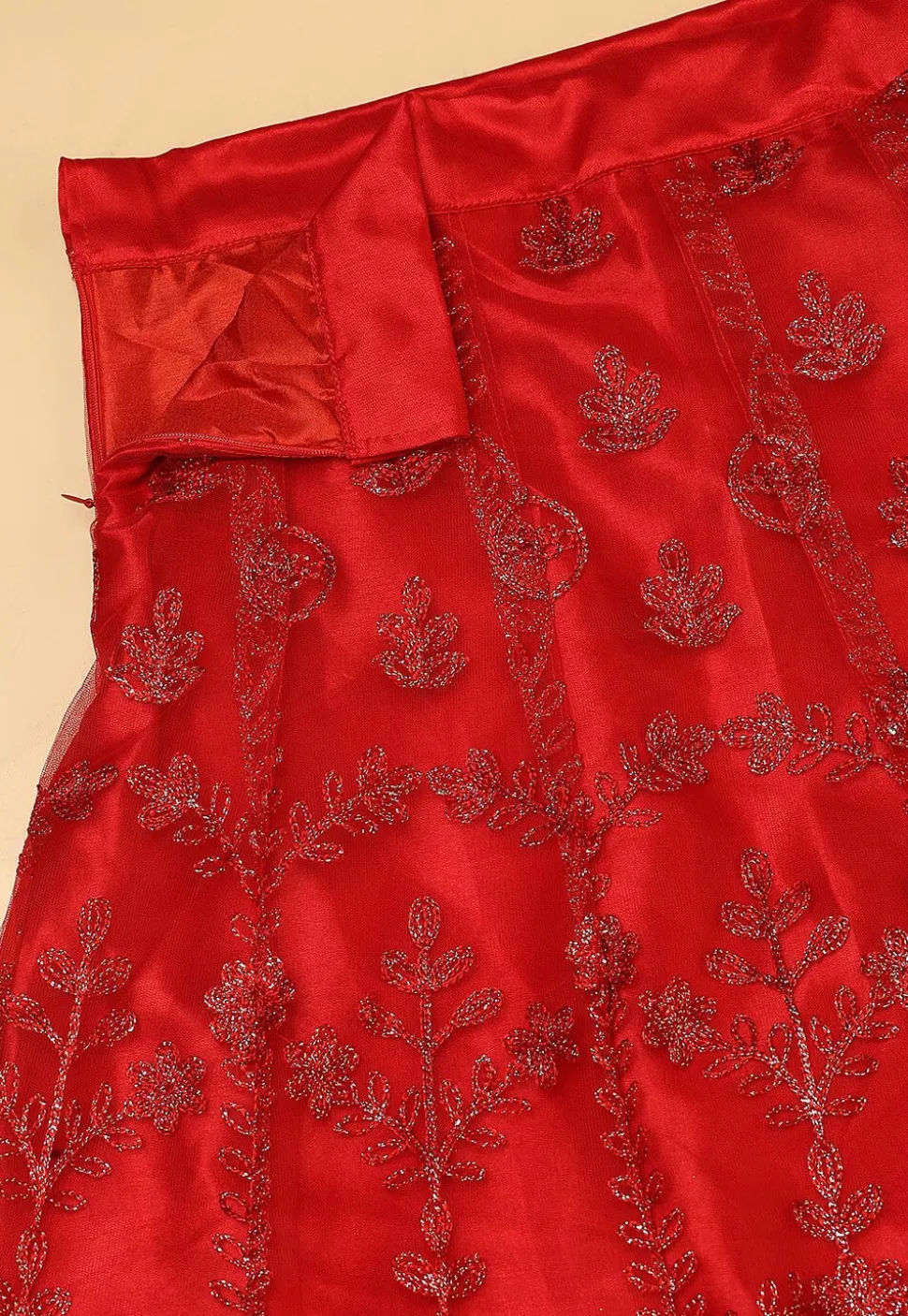 Embroidered Net Lehenga in Red