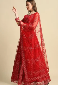 Embroidered Net Lehenga in Red