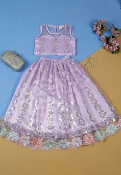 Embroidered Net Lehenga in Light Purple