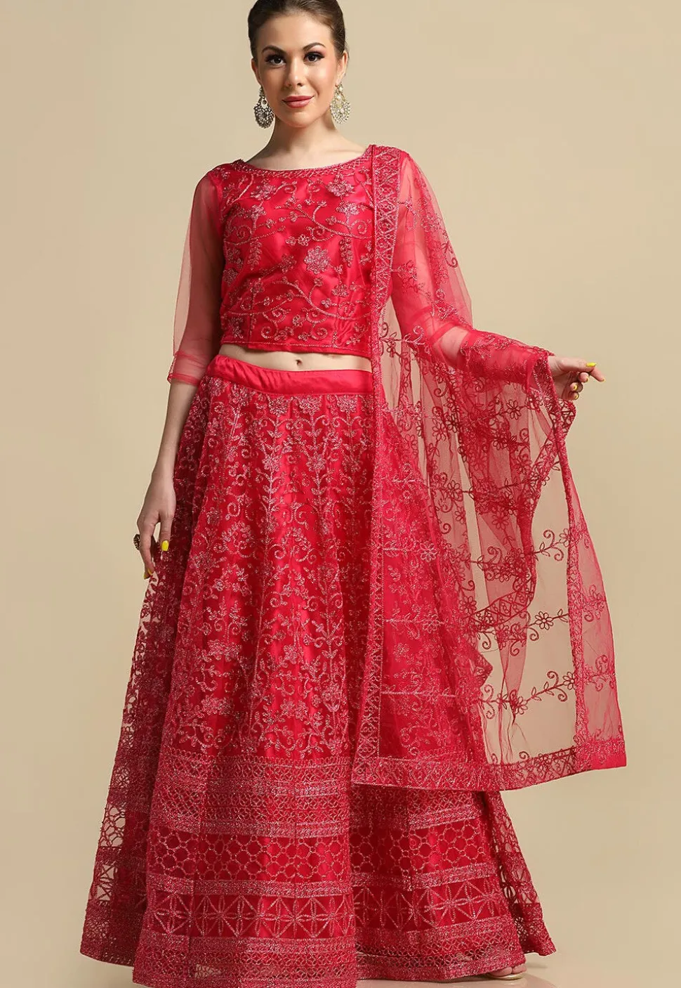 Embroidered Net Lehenga in Dark Pink