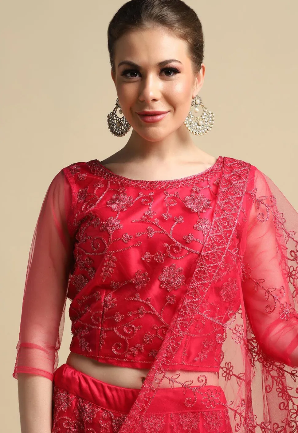 Embroidered Net Lehenga in Dark Pink