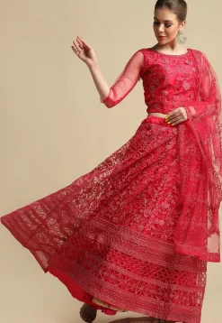 Embroidered Net Lehenga in Dark Pink