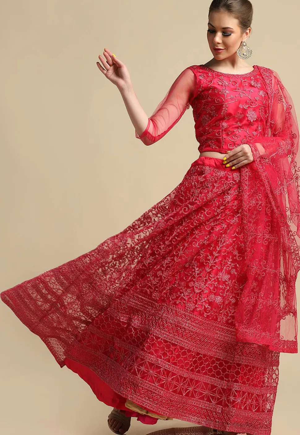 Embroidered Net Lehenga in Dark Pink