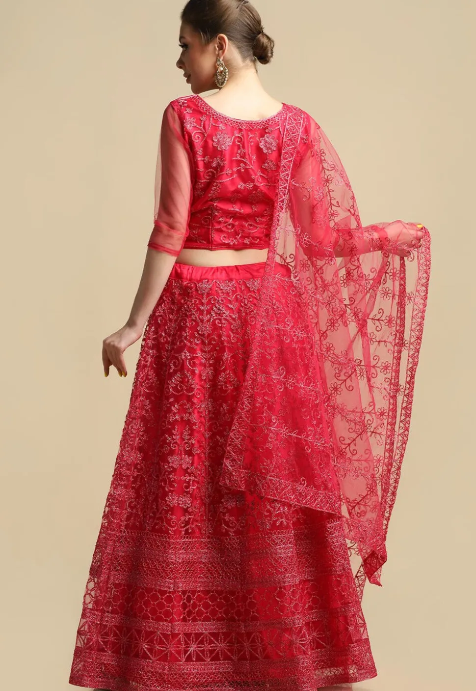 Embroidered Net Lehenga in Dark Pink