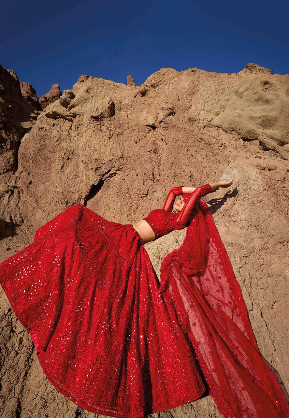 Embroidered Net Lehenga in Red