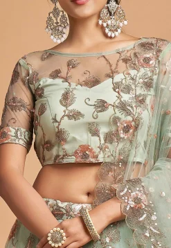 Embroidered Net Lehenga in Sea Green