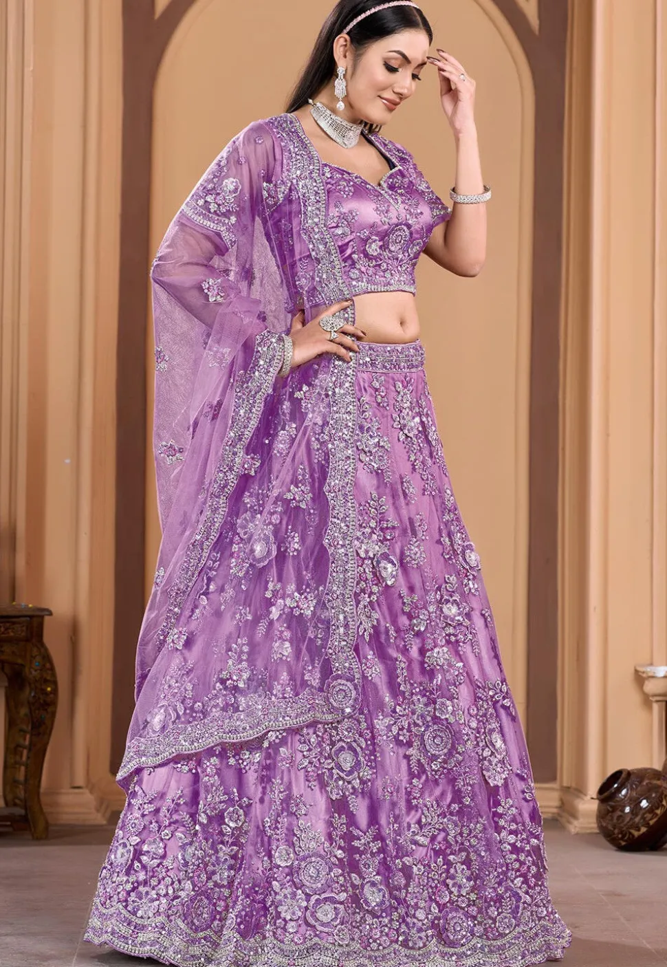 Embroidered Net Lehenga in Light Purple