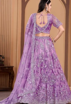 Embroidered Net Lehenga in Light Purple