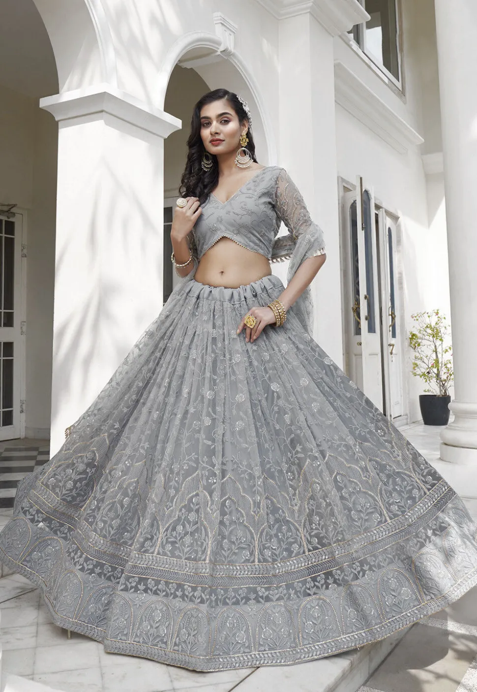 Embroidered Net Lehenga in Grey