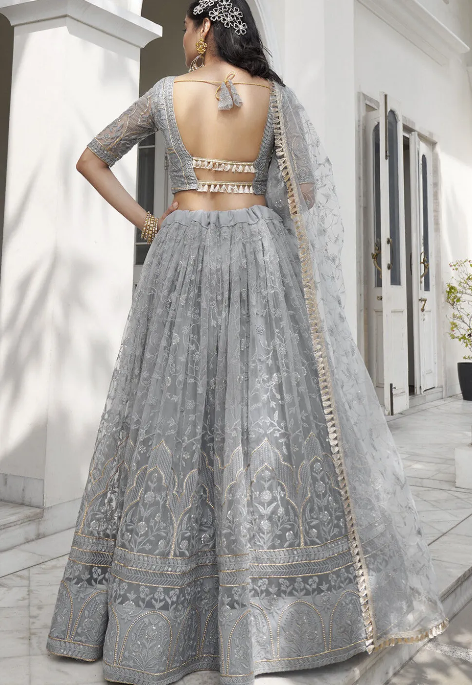 Embroidered Net Lehenga in Grey