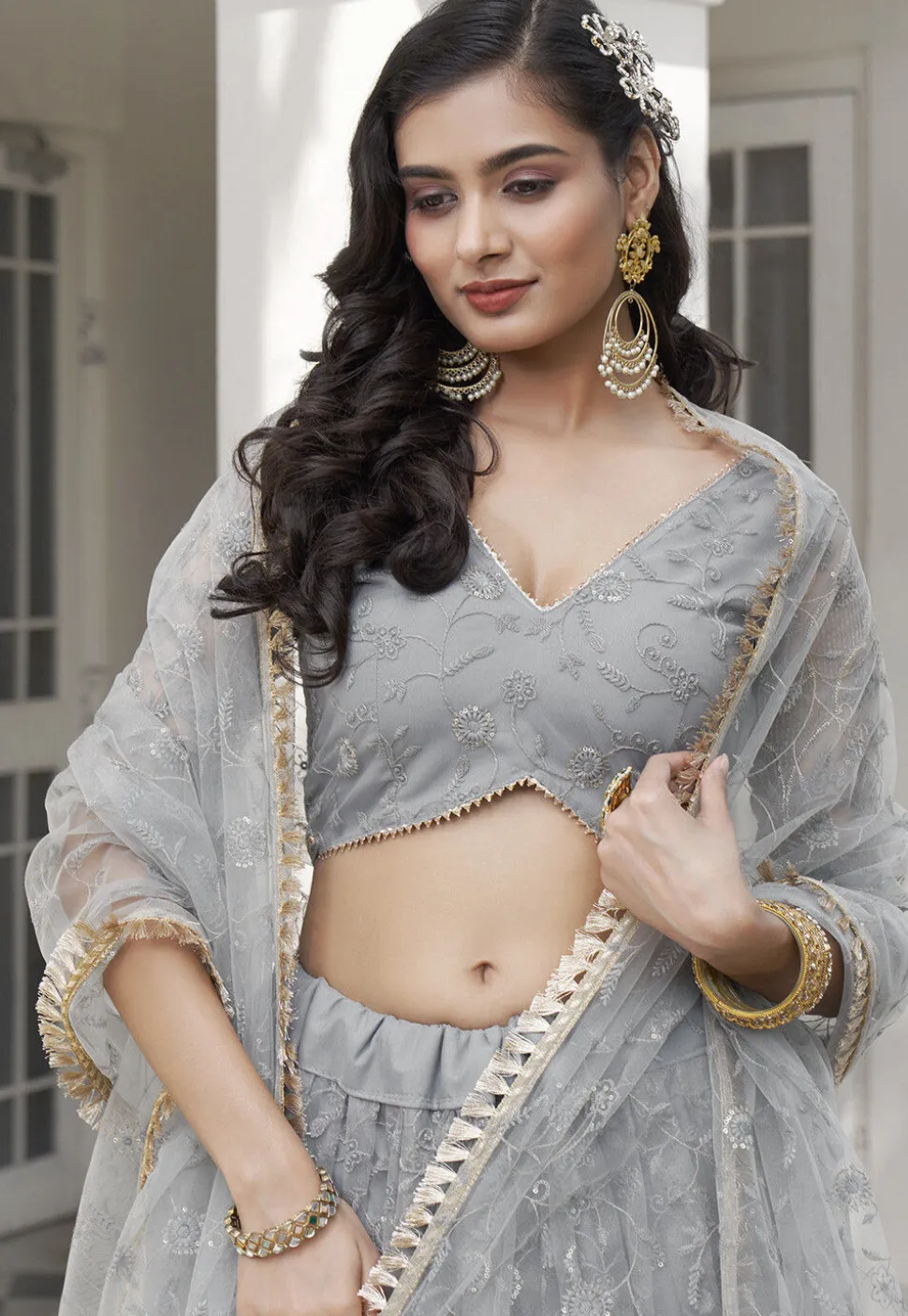Embroidered Net Lehenga in Grey