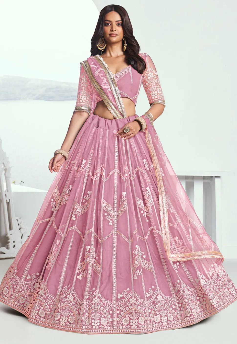 Embroidered Net Lehenga in Pink