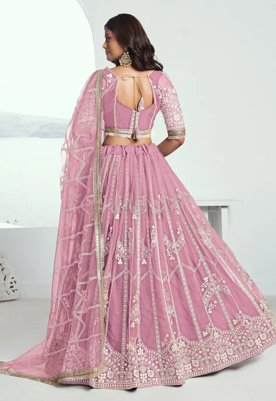Embroidered Net Lehenga in Pink