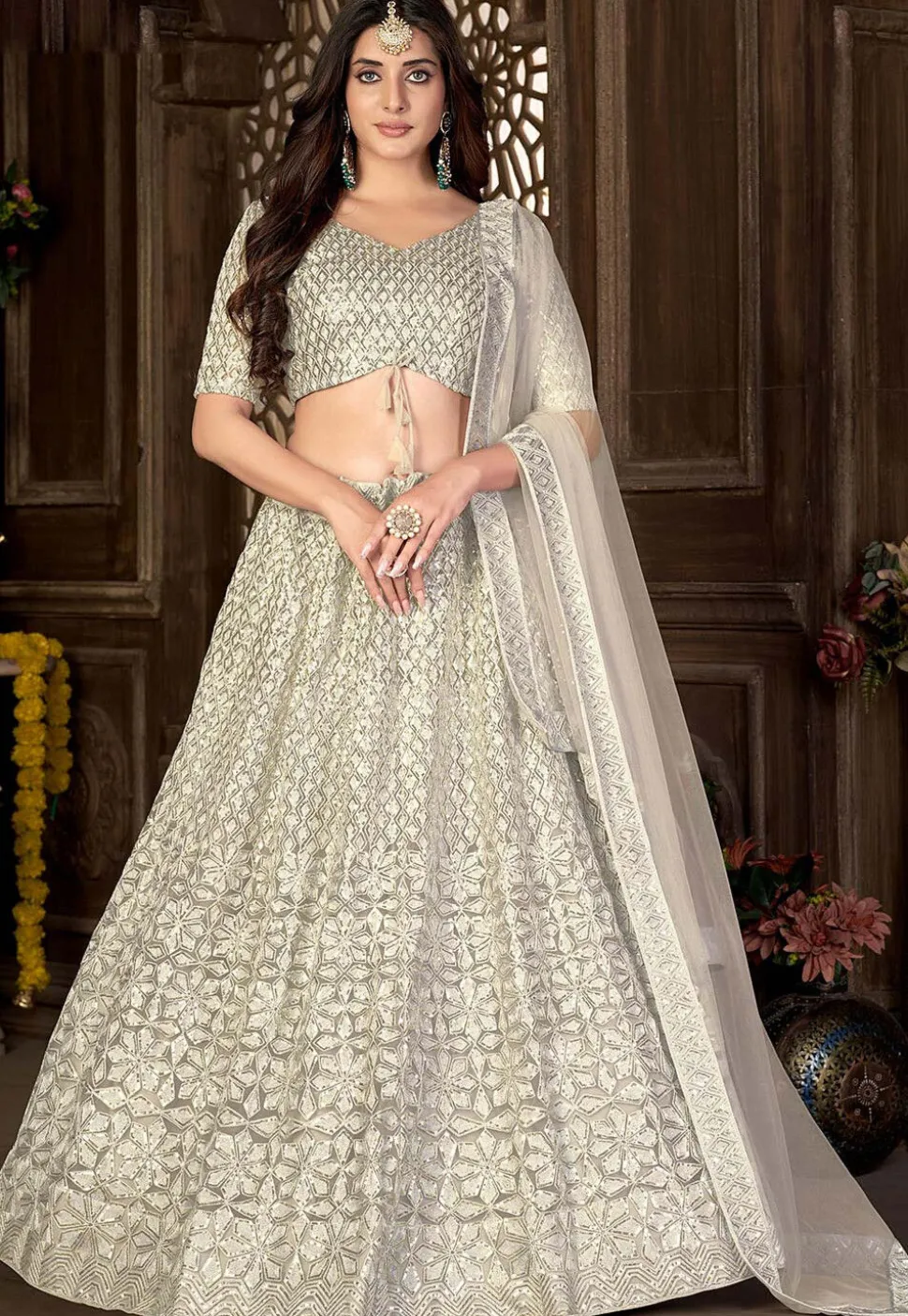 Embroidered Net Lehenga in Beige