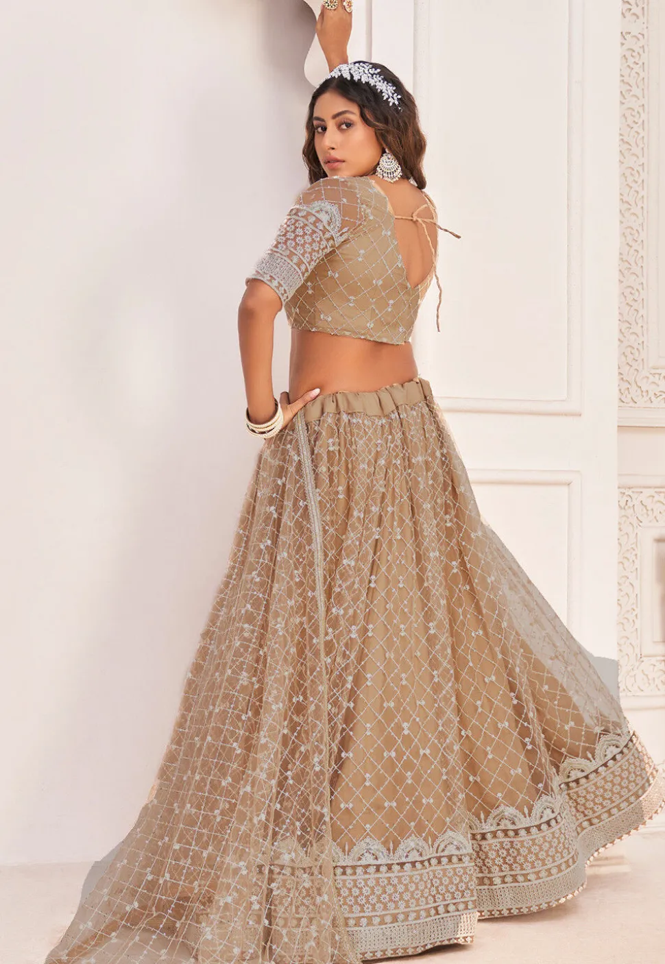 Embroidered Net Lehenga in Beige
