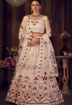 Embroidered Net Lehenga in Peach