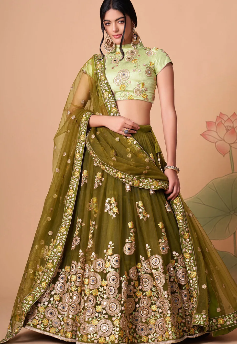 Embroidered Net Lehenga in Olive Green