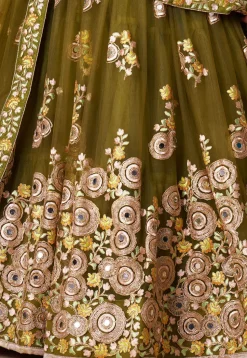 Embroidered Net Lehenga in Olive Green