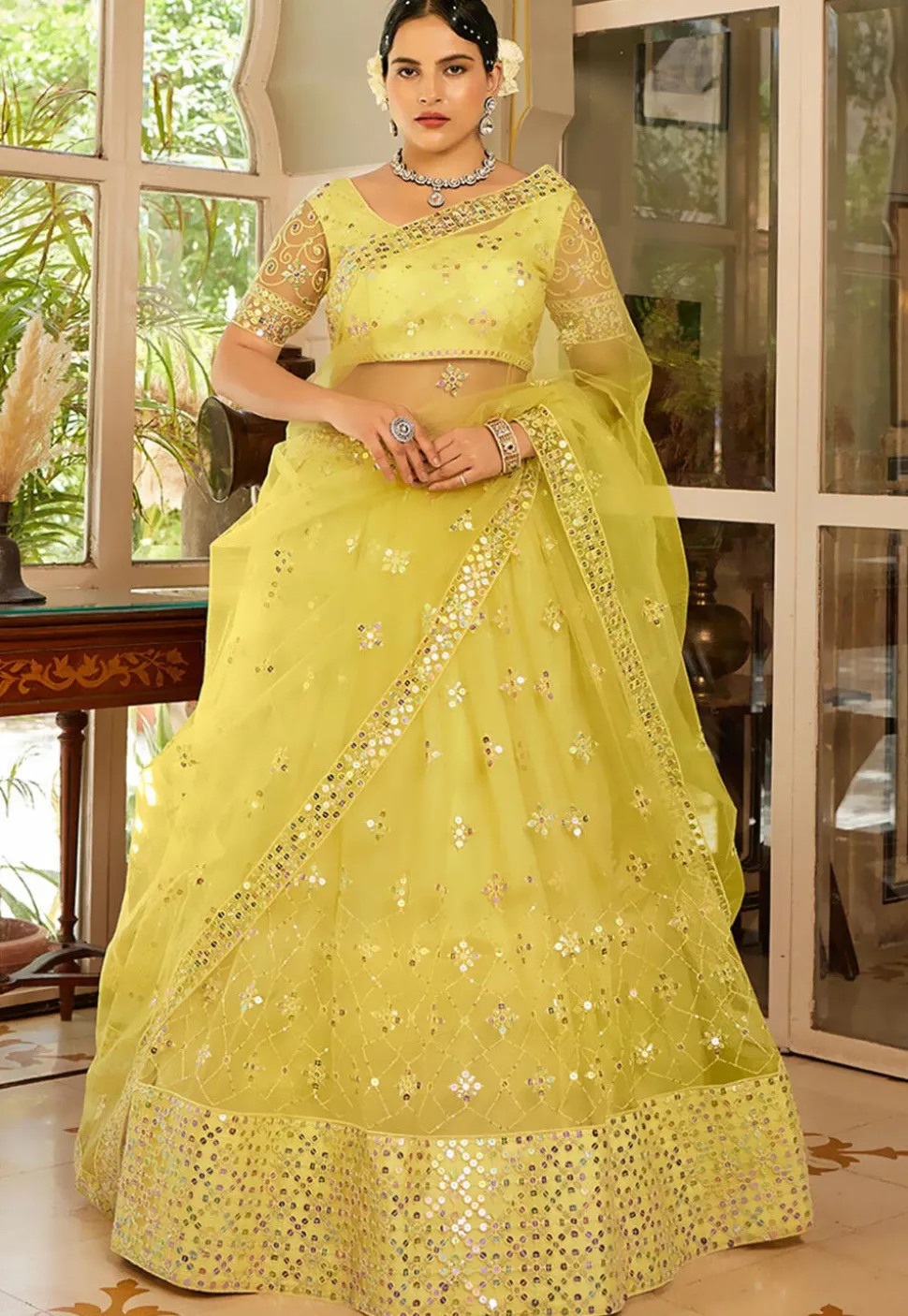 Embroidered Net Lehenga in Yellow