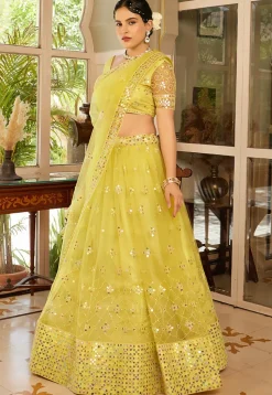 Embroidered Net Lehenga in Yellow
