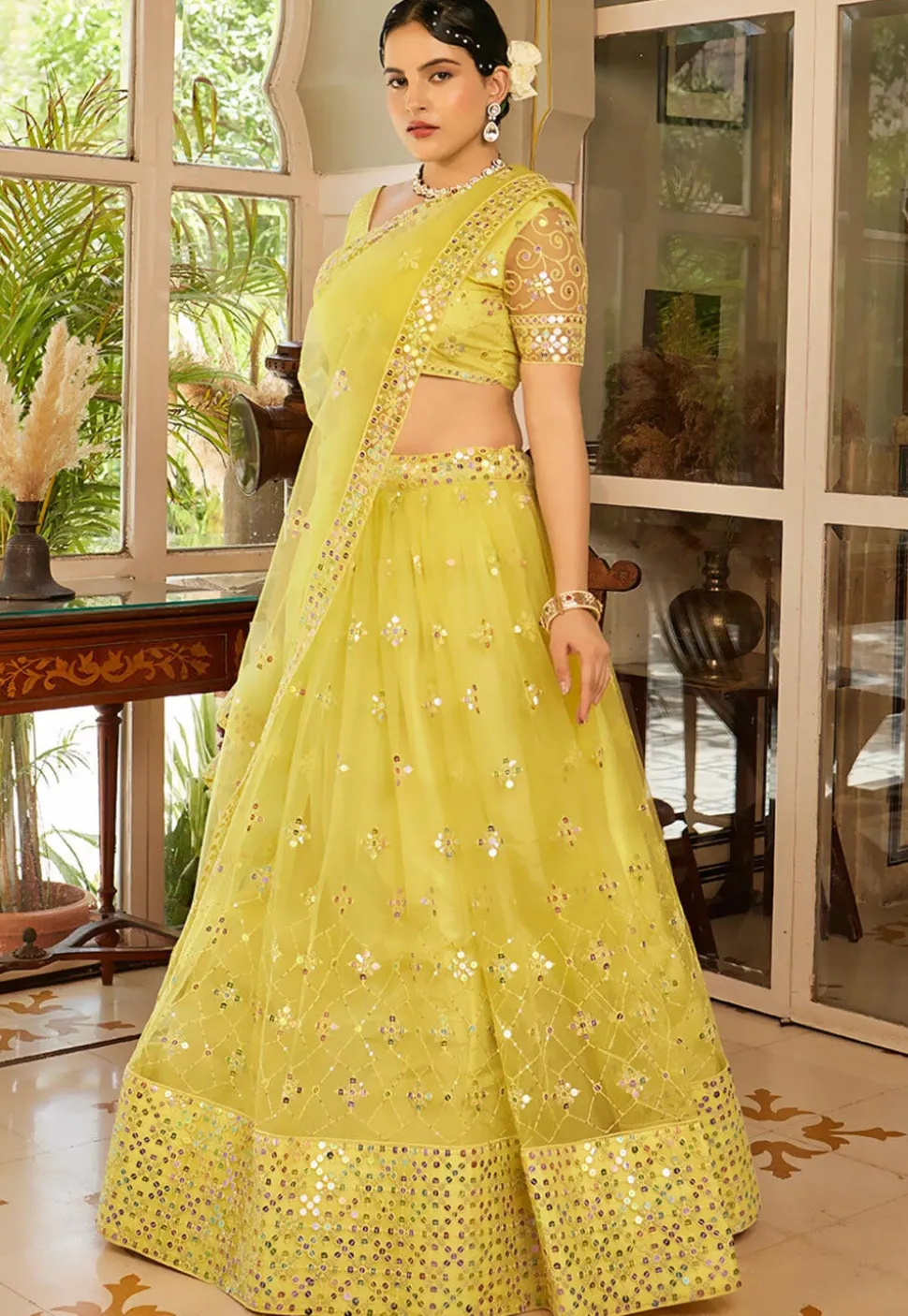 Embroidered Net Lehenga in Yellow