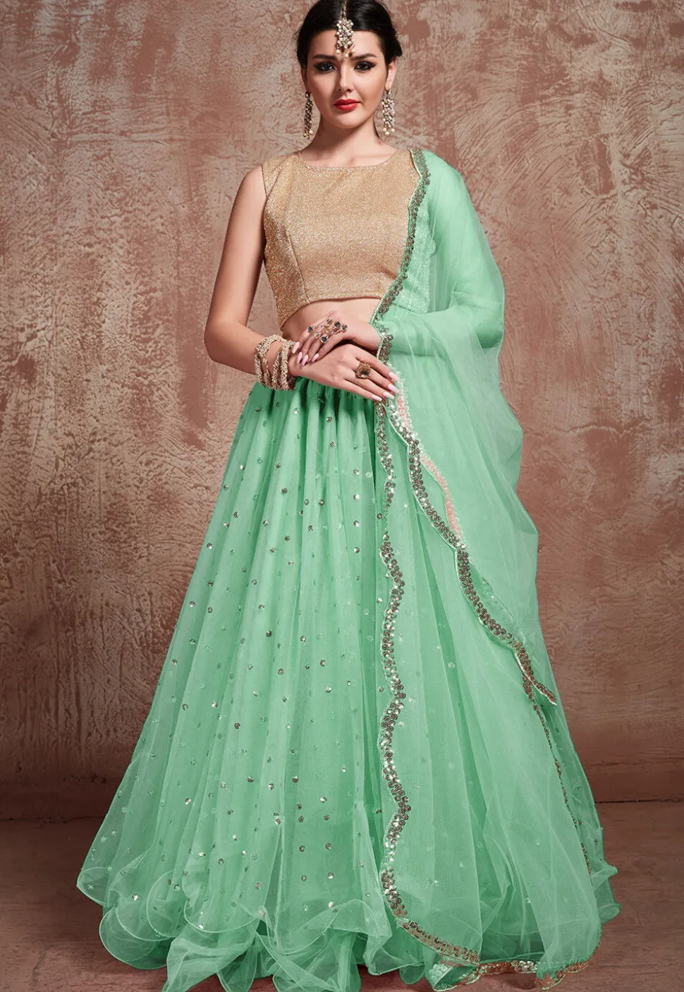 Embroidered Net Lehenga in Sea Green