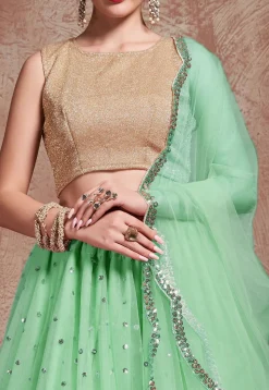 Embroidered Net Lehenga in Sea Green
