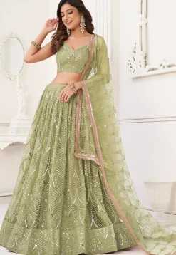 Embroidered Net Lehenga in Light Olive Green