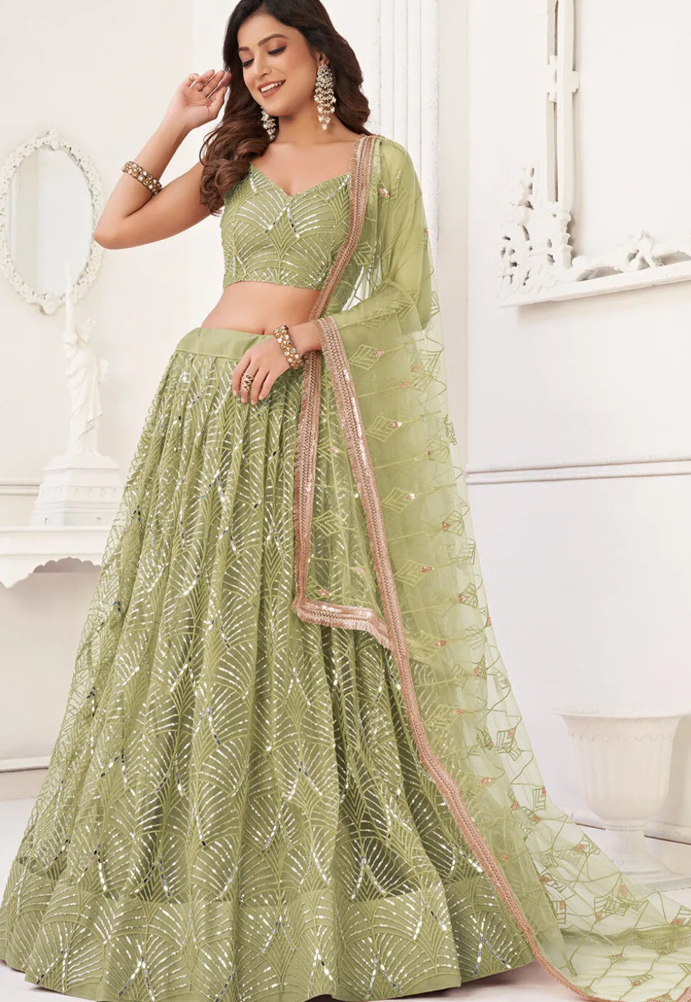 Embroidered Net Lehenga in Light Olive Green